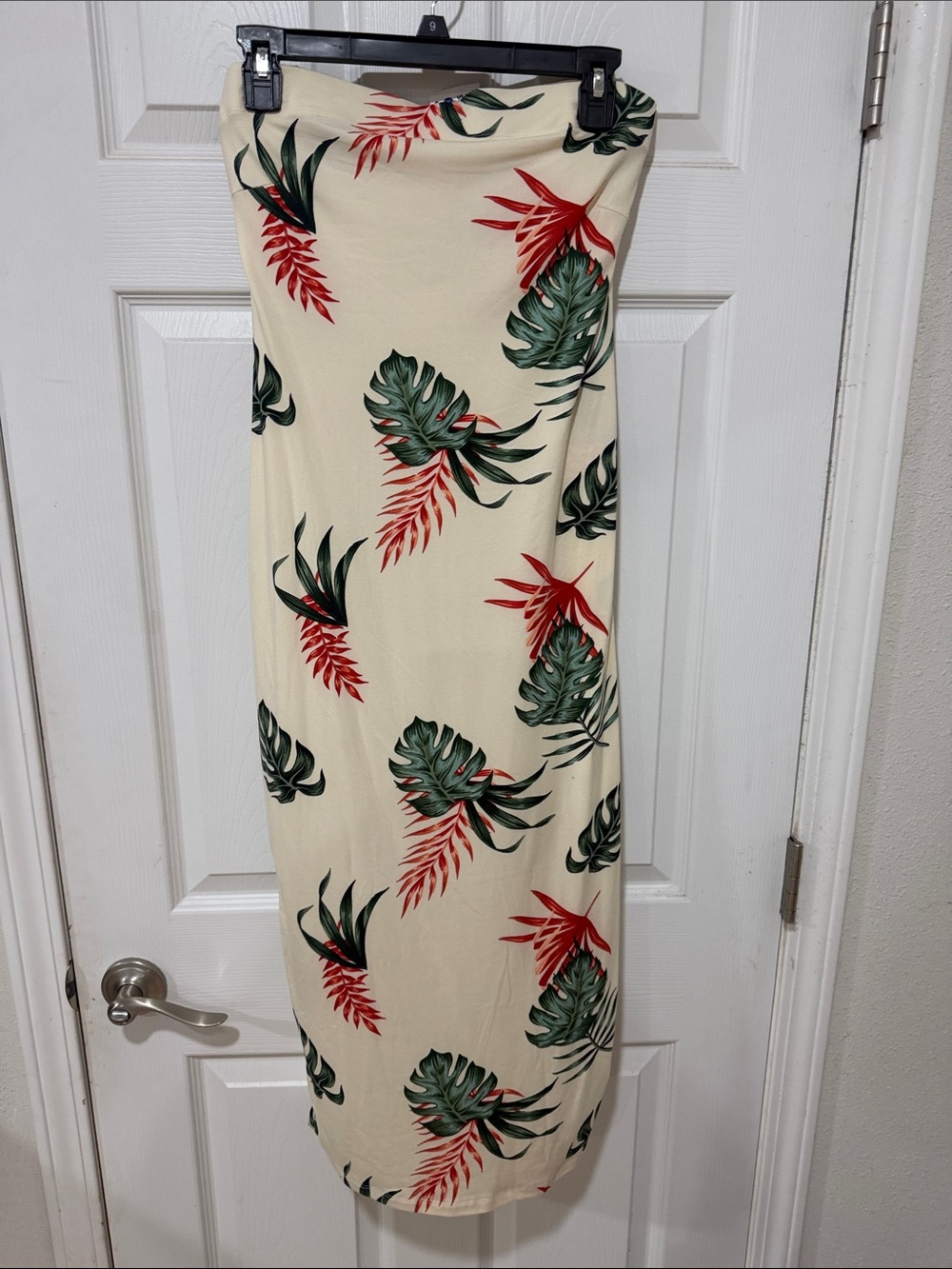 Love Nation Cream Strapless Midi Dress with Green & Red Tropical Leaves